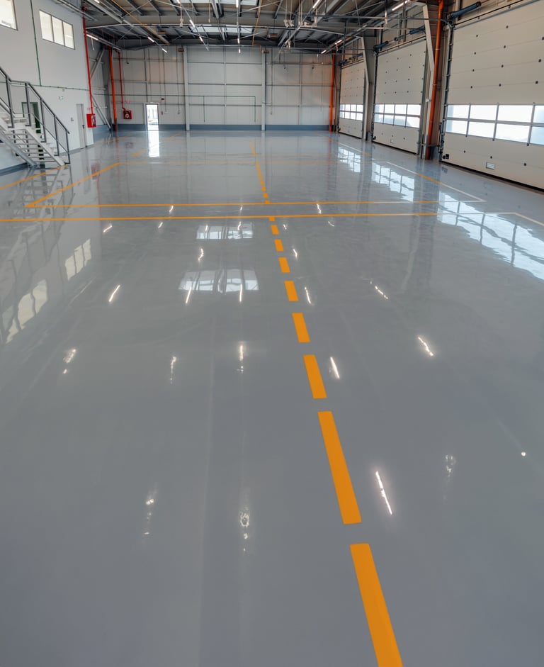 Industrial warehouse with glossy epoxy paint covering the floors